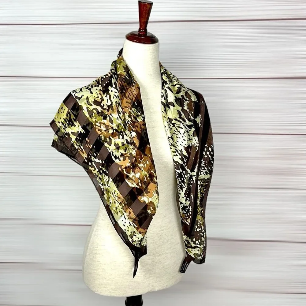Adrienne Vittadini Silk Scarf Brown Green Ivory Satin Chiffon Square 34×34